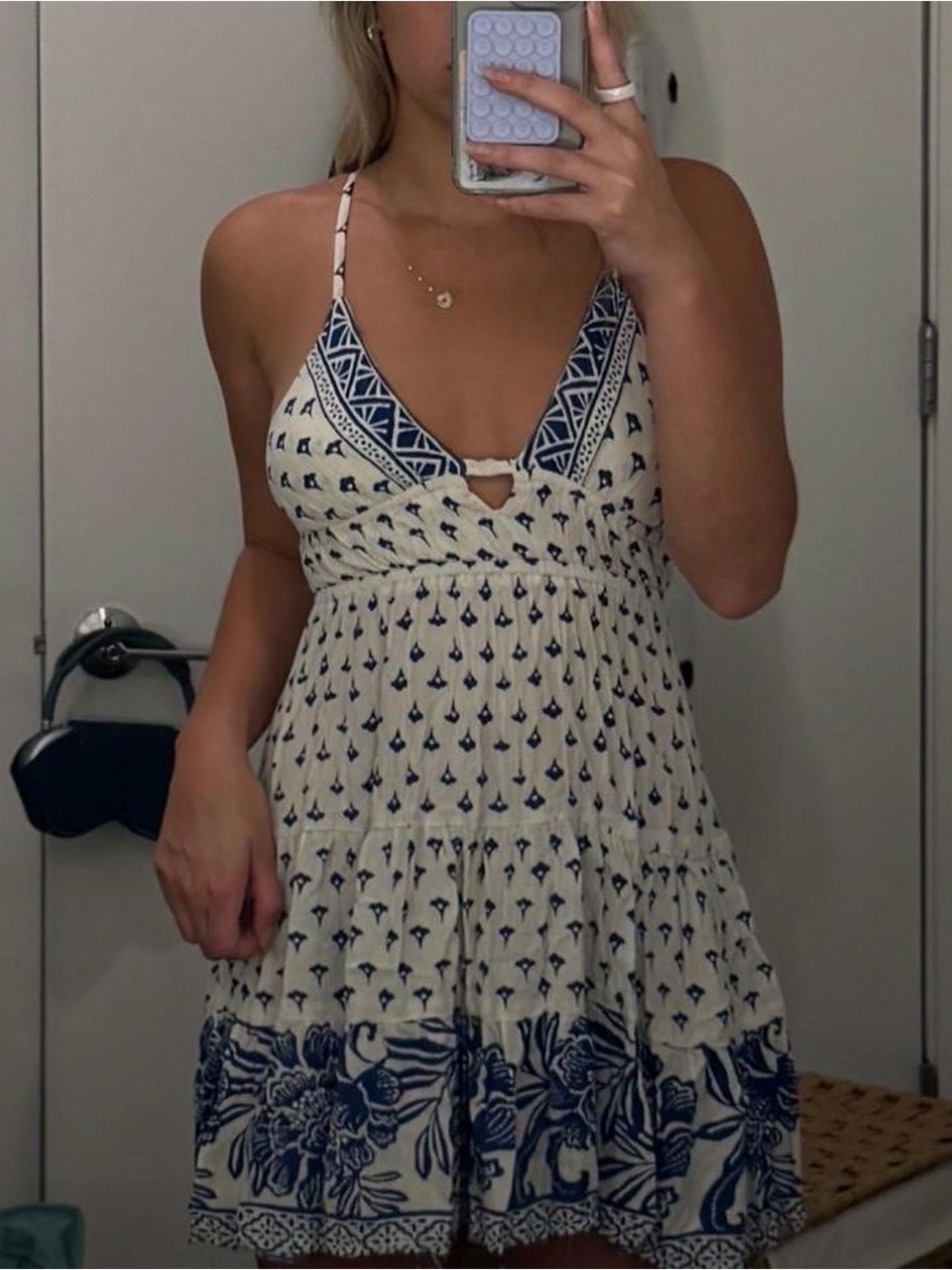 white and blue mini dress with cut out back - S